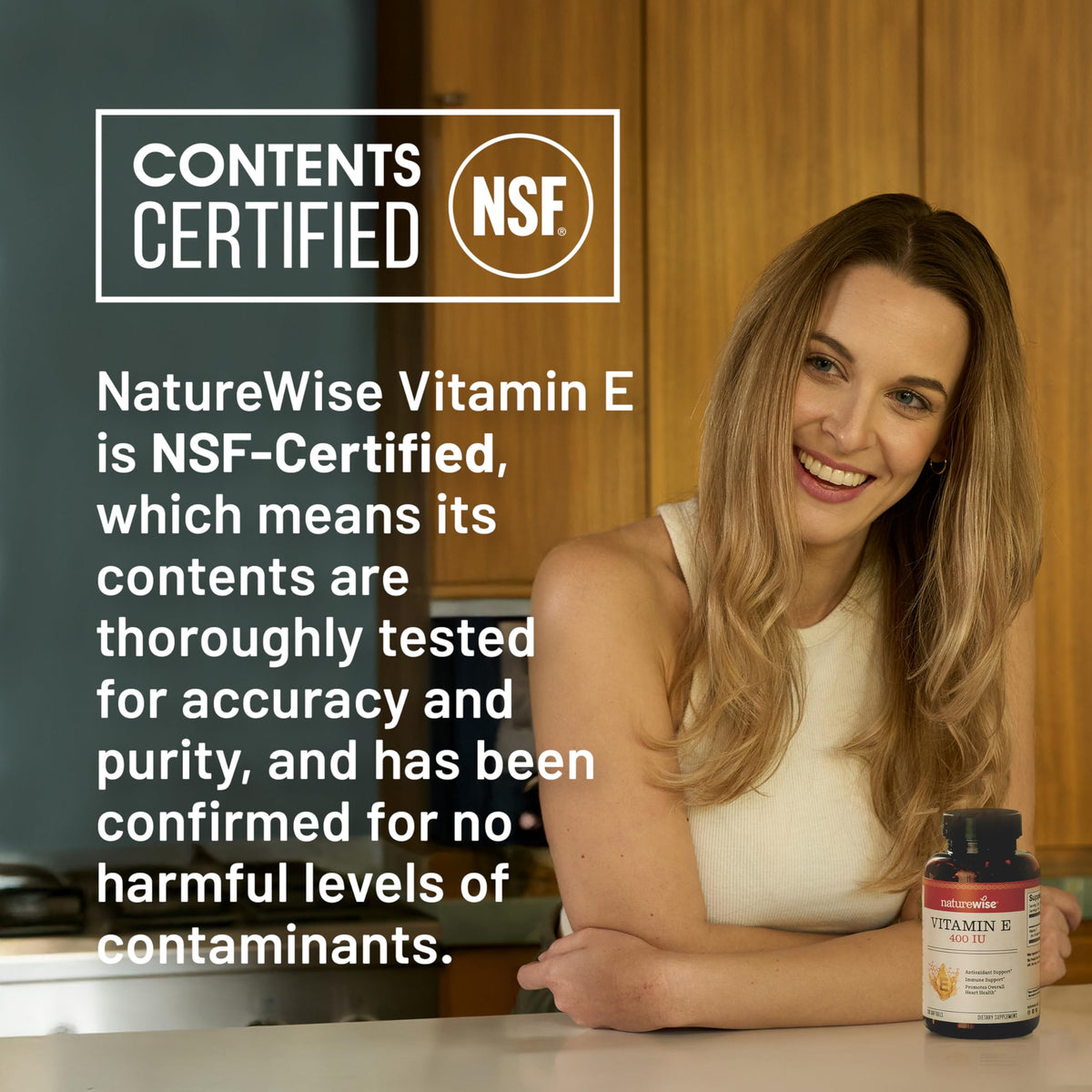 NatureWise Vitamin E imported skincare and immune defense supplement softgel capsule visual demonstration.