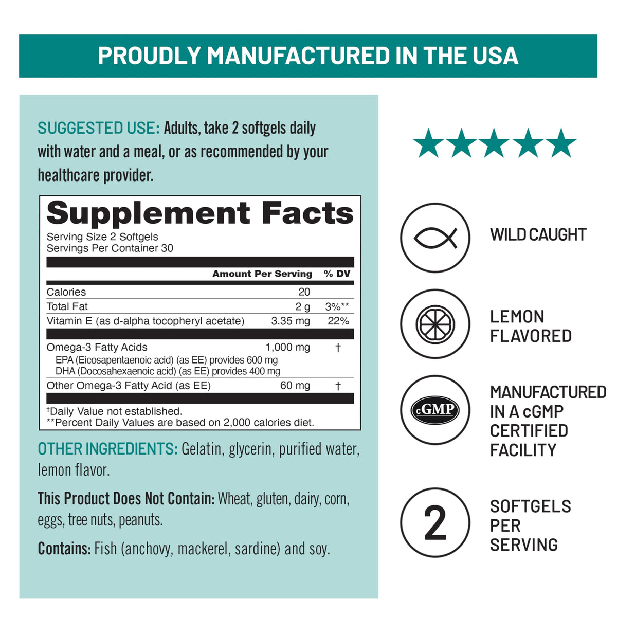 Authentic NatureWise lemon flavored fish oil dietary softgels container highlighting wild caught sourcing credentials.