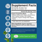 Back of bottle showing organic ingredient list and supplement facts