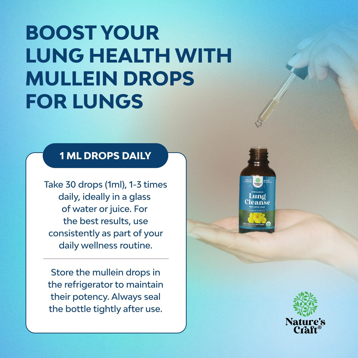 Natures Craft lung support drops with dropper glass bottle