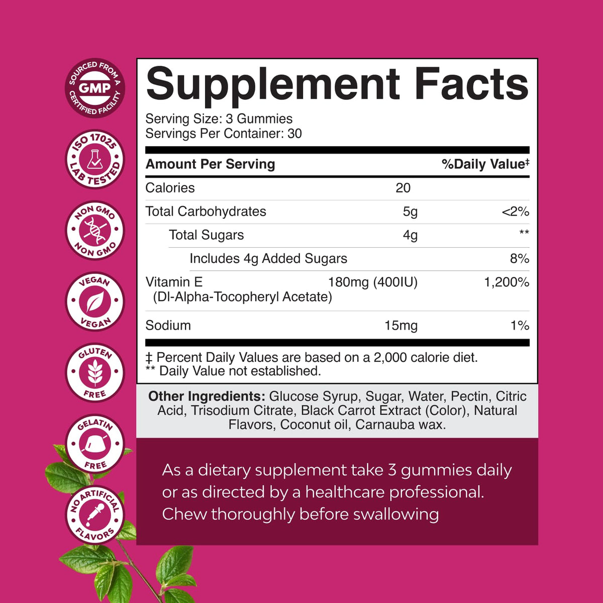 Raspberry flavored gluten free skin and immune support supplement bottle label details