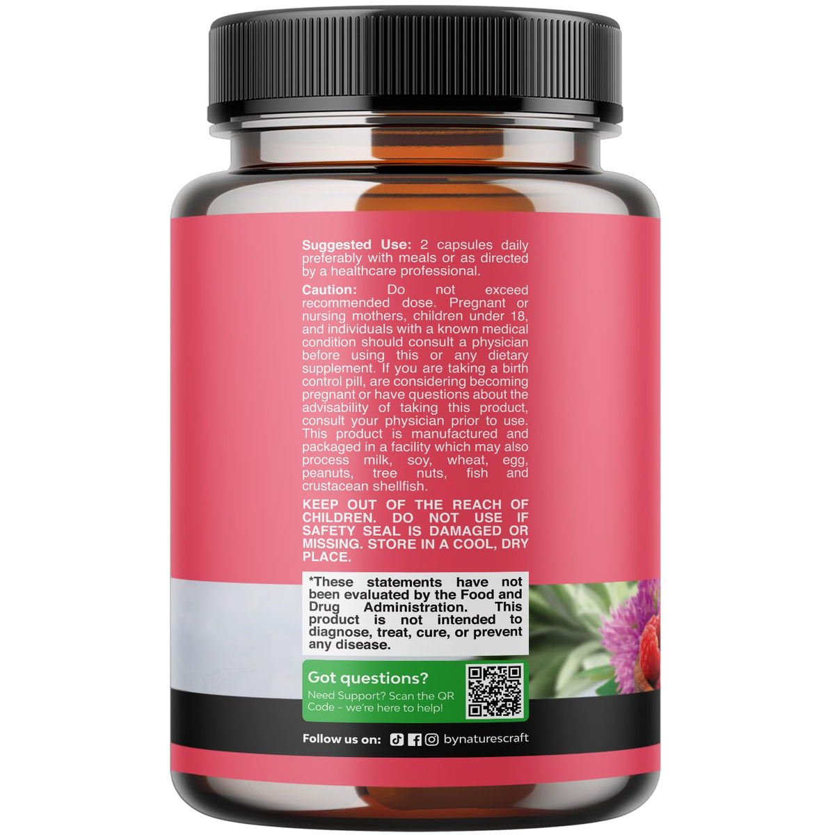 Side angle view of Natures Craft hormone balance supplement highlighting the key herbal ingredients list