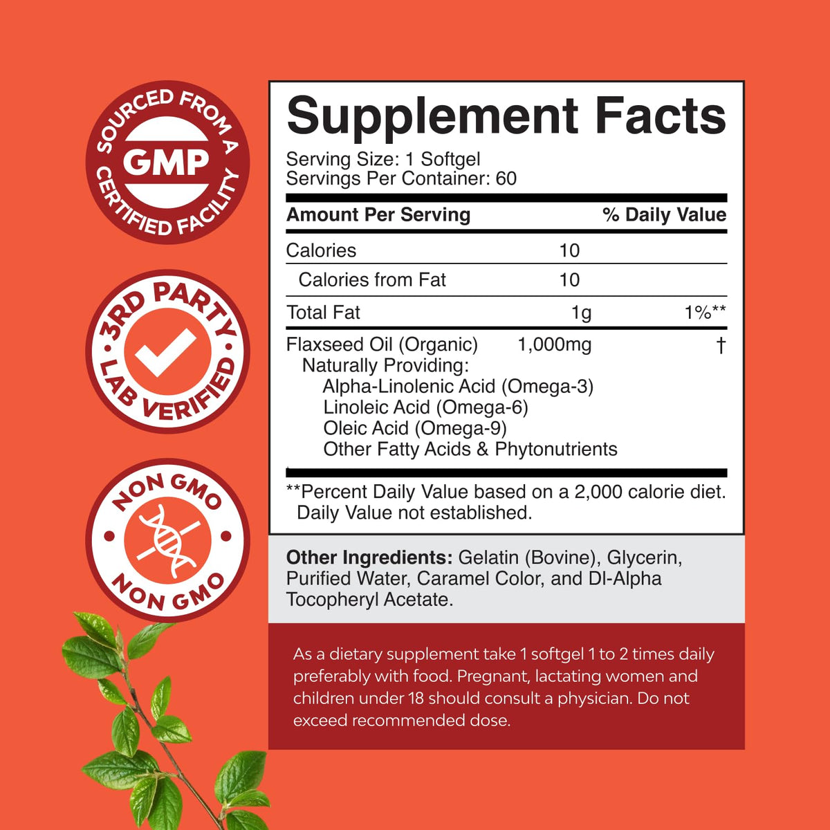 Supplement facts panel on the back of Nature's Craft cold pressed flaxseed oil packaging