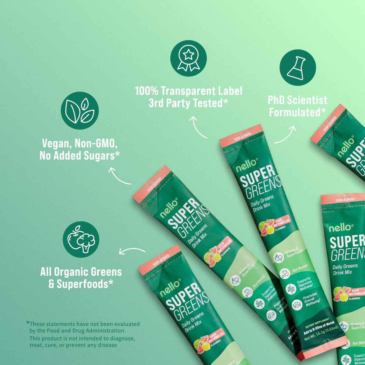Nello Supergreens Mango Peach powder texture and ingredients details