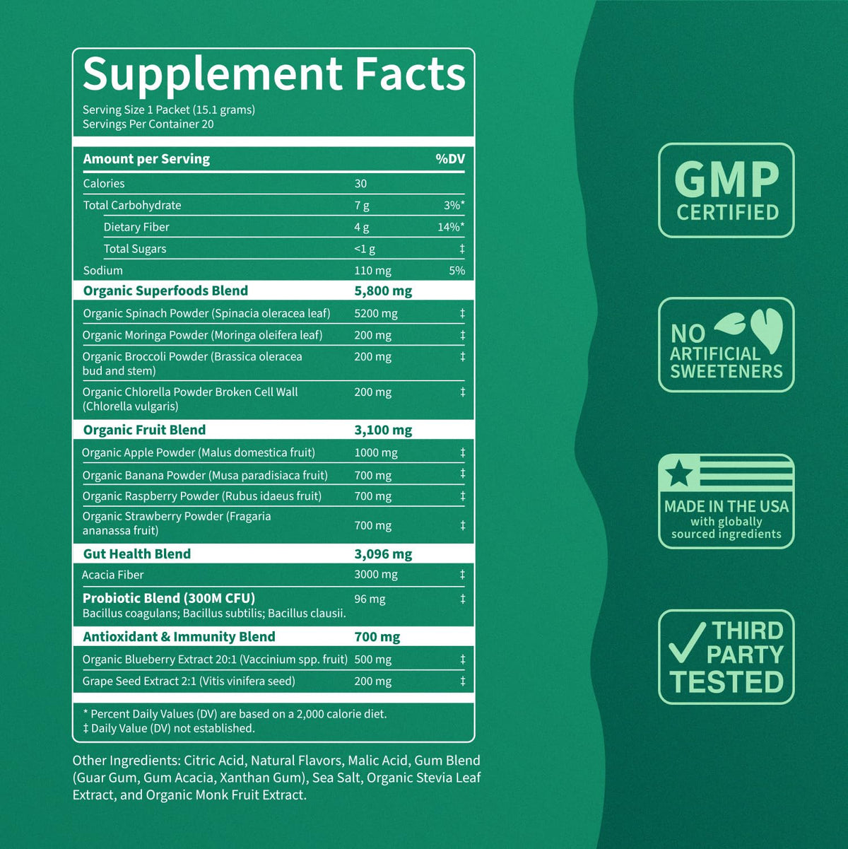 Nello Supergreens travel pack nutritional facts panel