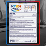 Side view of Icy Hot Extra Strength Medicated Patch box illustrating the small size dimensions for targeted application.