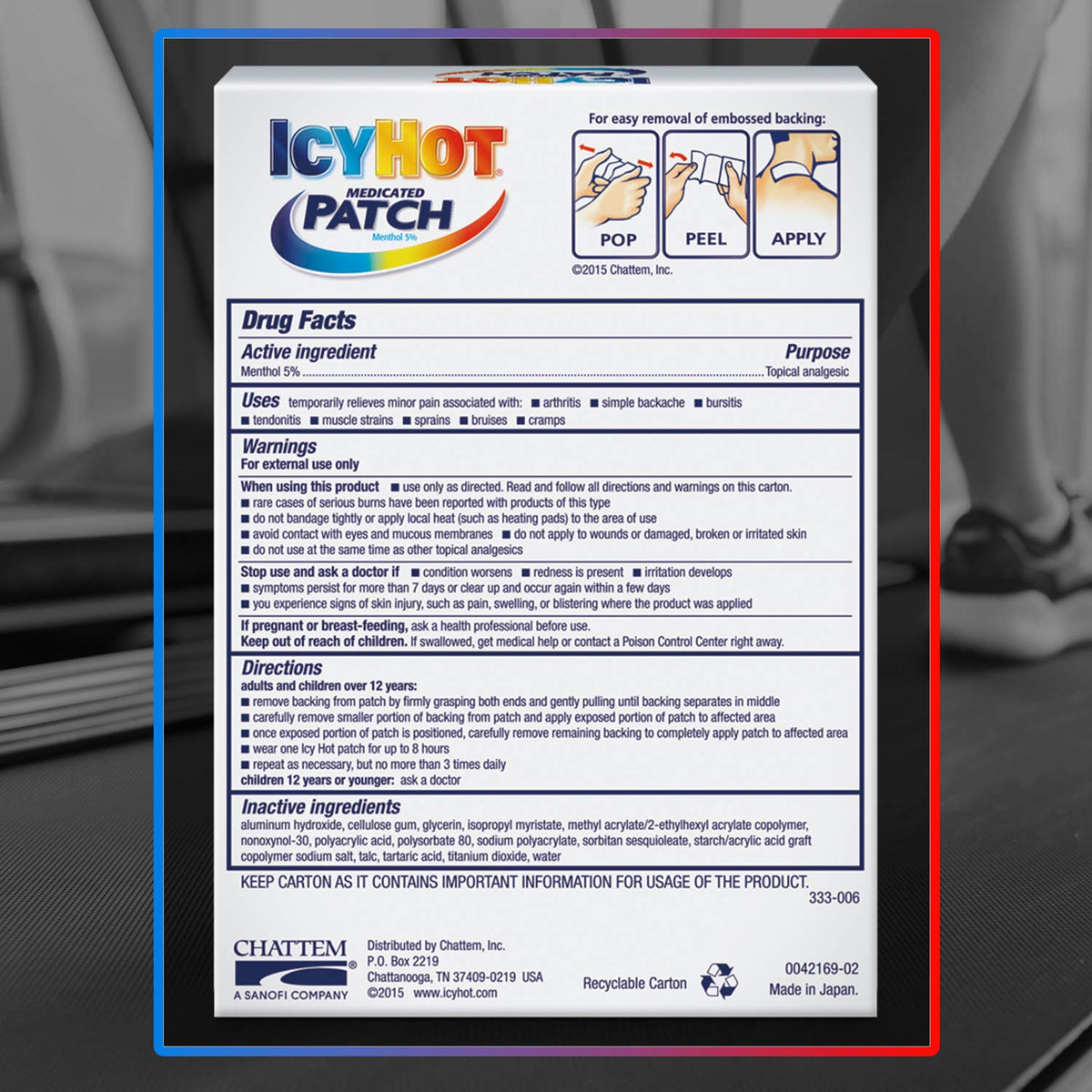 Side view of Icy Hot Extra Strength Medicated Patch box illustrating the small size dimensions for targeted application.