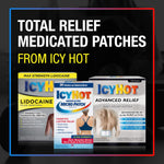 Full bundle view of the three packs of Icy Hot Extra Strength Medicated Patches containing fifteen total units.