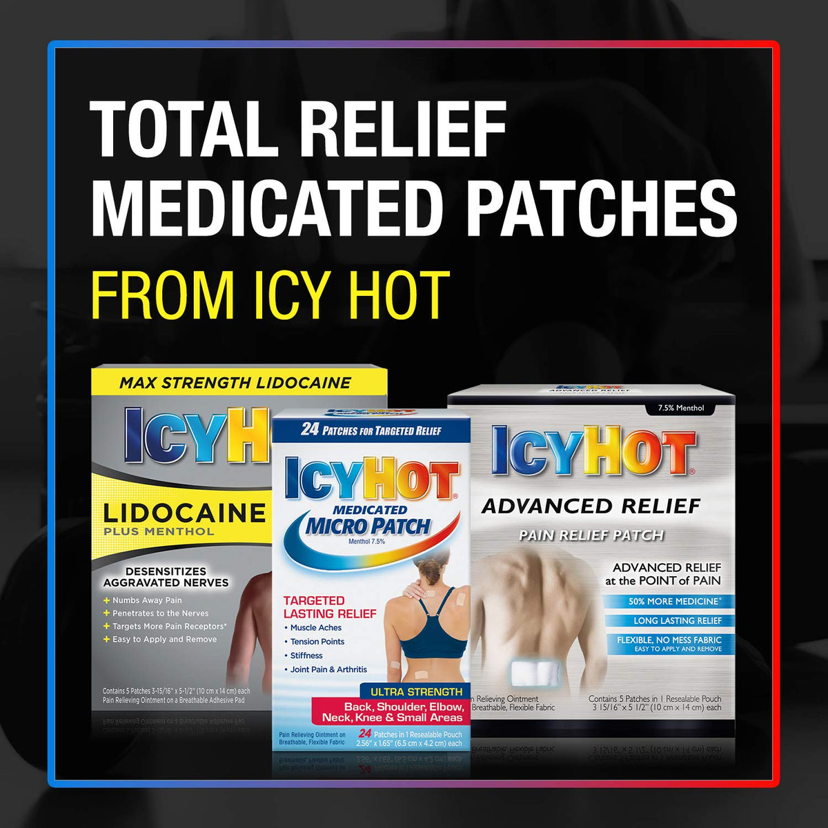 Full bundle view of the three packs of Icy Hot Extra Strength Medicated Patches containing fifteen total units.