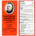 Father John's non-alcoholic cough suppressant liquid bottle showing ingredient facts and cod liver oil base details.