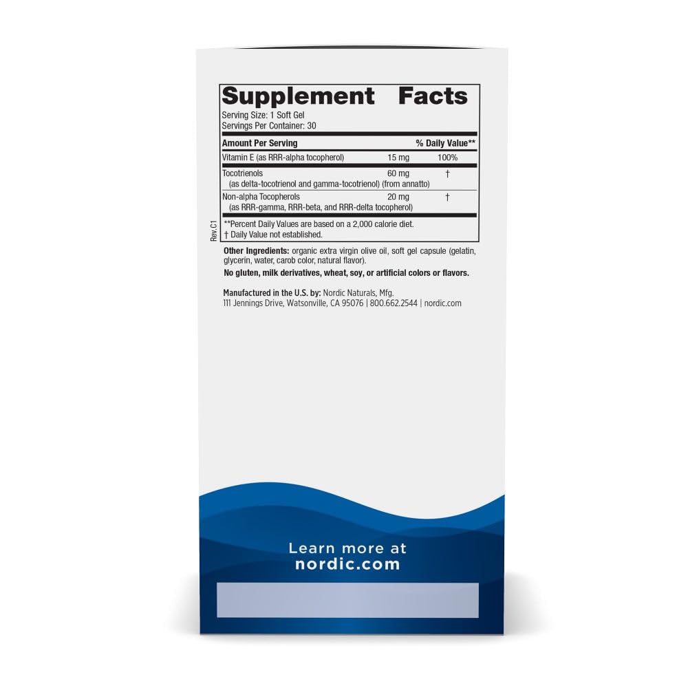 Nordic Naturals Vitamin E Complex dietary supplement packaging showing ingredients and mixed tocopherols