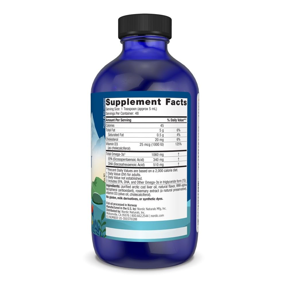 Nordic Naturals Arctic-D Cod Liver Oil eight ounce bottle displaying nutritional facts and dosage