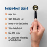 Side angle view of Nordic Naturals Arctic-D Cod Liver Oil liquid with clear amber glass bottle