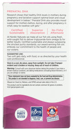 Nordic Naturals prenatal fish oil bottle side label showing supplement facts including omega three and vitamin d3 metrics.