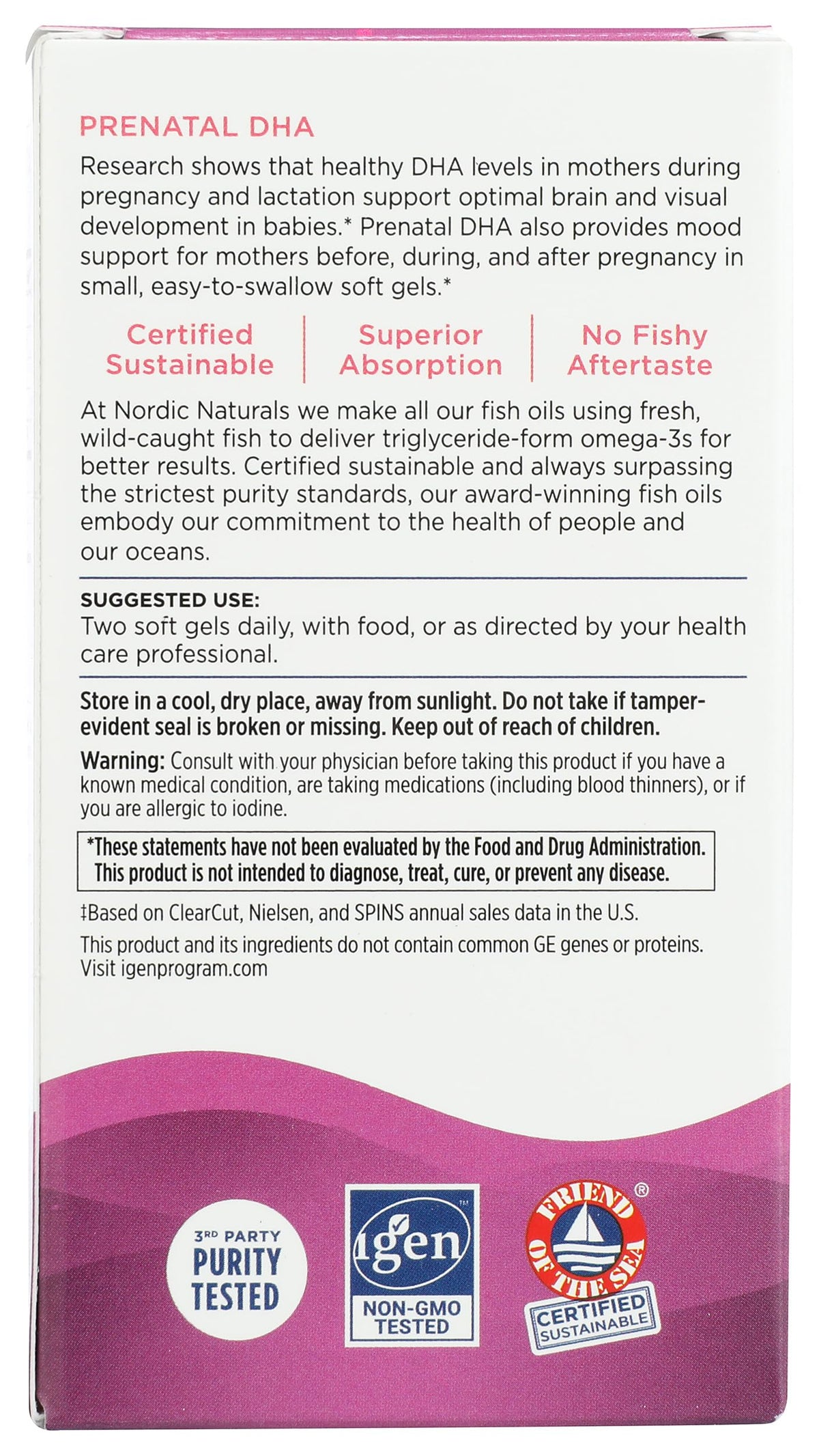 Nordic Naturals prenatal fish oil bottle side label showing supplement facts including omega three and vitamin d3 metrics.