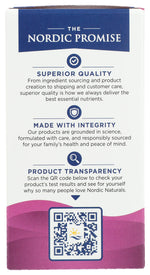 Back view of Nordic Naturals maternal health supplement packaging highlighting purity standards and certified ingredients.