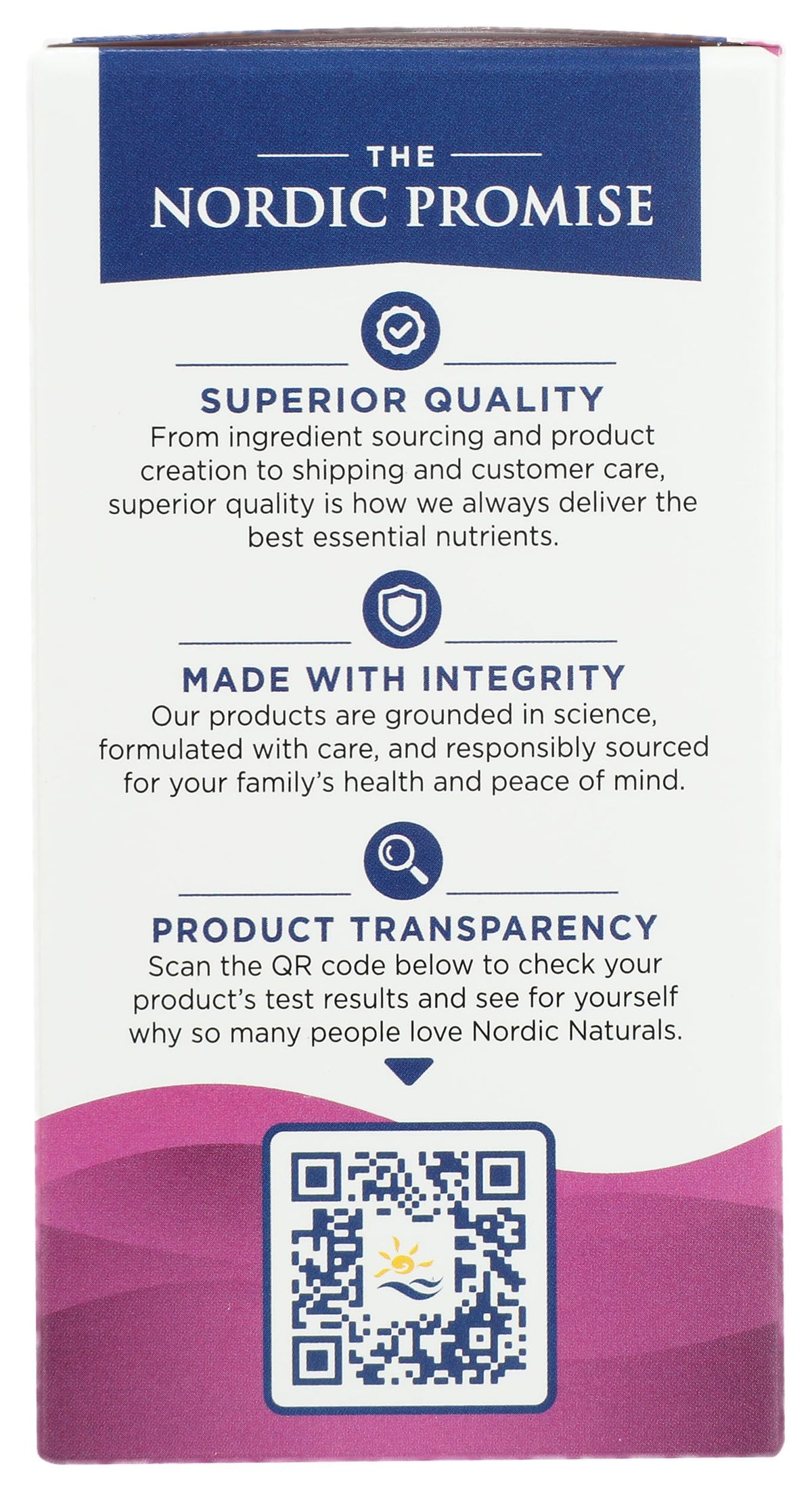 Back view of Nordic Naturals maternal health supplement packaging highlighting purity standards and certified ingredients.