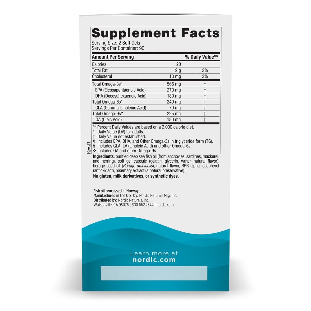 Nordic Naturals 565 milligrams omega 3 supplement label details and nutrition facts panel