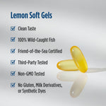 Lemon flavored Nordic Naturals ProOmega fish oil softgels arranged next to the authentic imported packaging