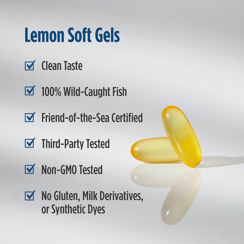 Lemon flavored Nordic Naturals ProOmega fish oil softgels arranged next to the authentic imported packaging