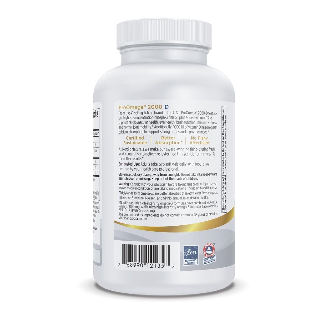 Nordic Naturals ProOmega 2000-D professional grade fish oil supplement bottle on a clean surface