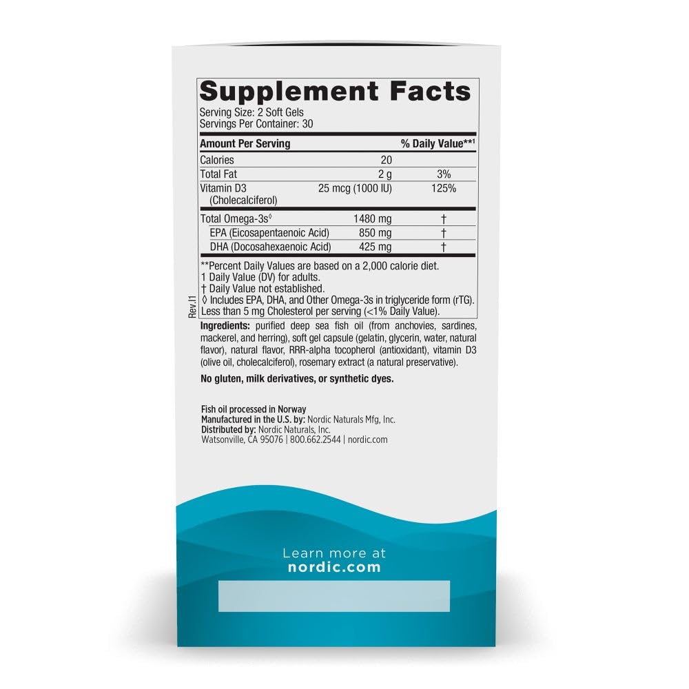 Nordic Naturals Ultimate Omega Xtra supplement facts label showing 1480 milligrams omega three and vitamin D3 breakdown.