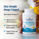 Nordic Naturals Ultimate Omega Xtra lemon flavor packaging highlighting the pure triglyceride form benefit.