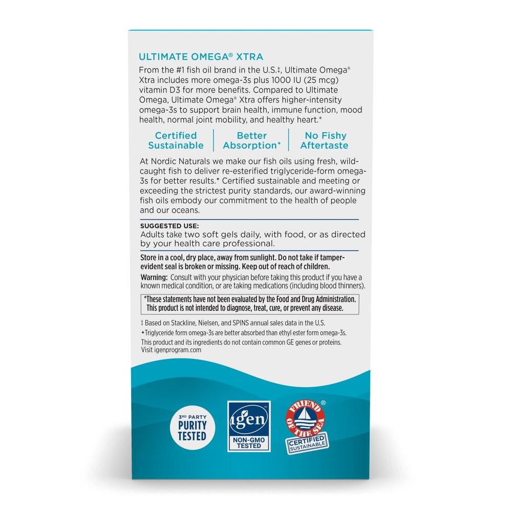 Back label of Nordic Naturals Ultimate Omega Xtra displaying ingredients and clear usage directions.
