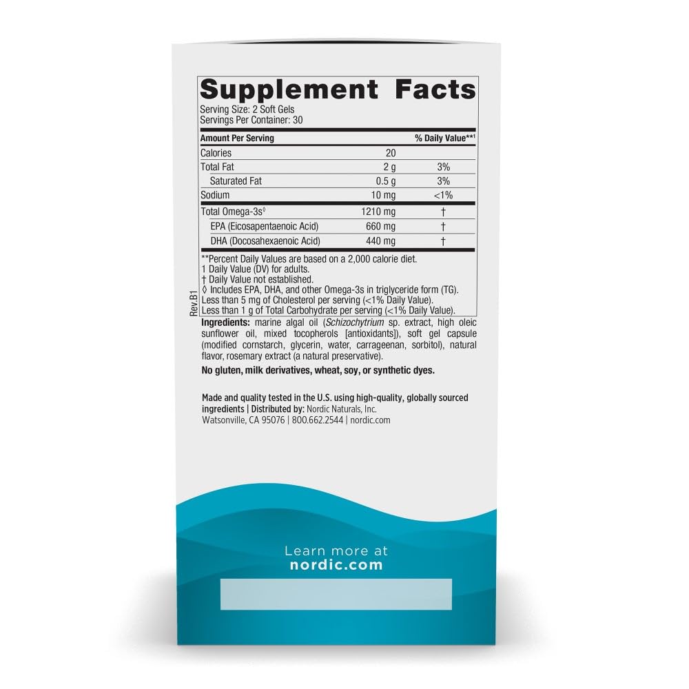 Nordic Naturals plant based omega 3 lemon flavor supplement facts showing EPA and DHA levels