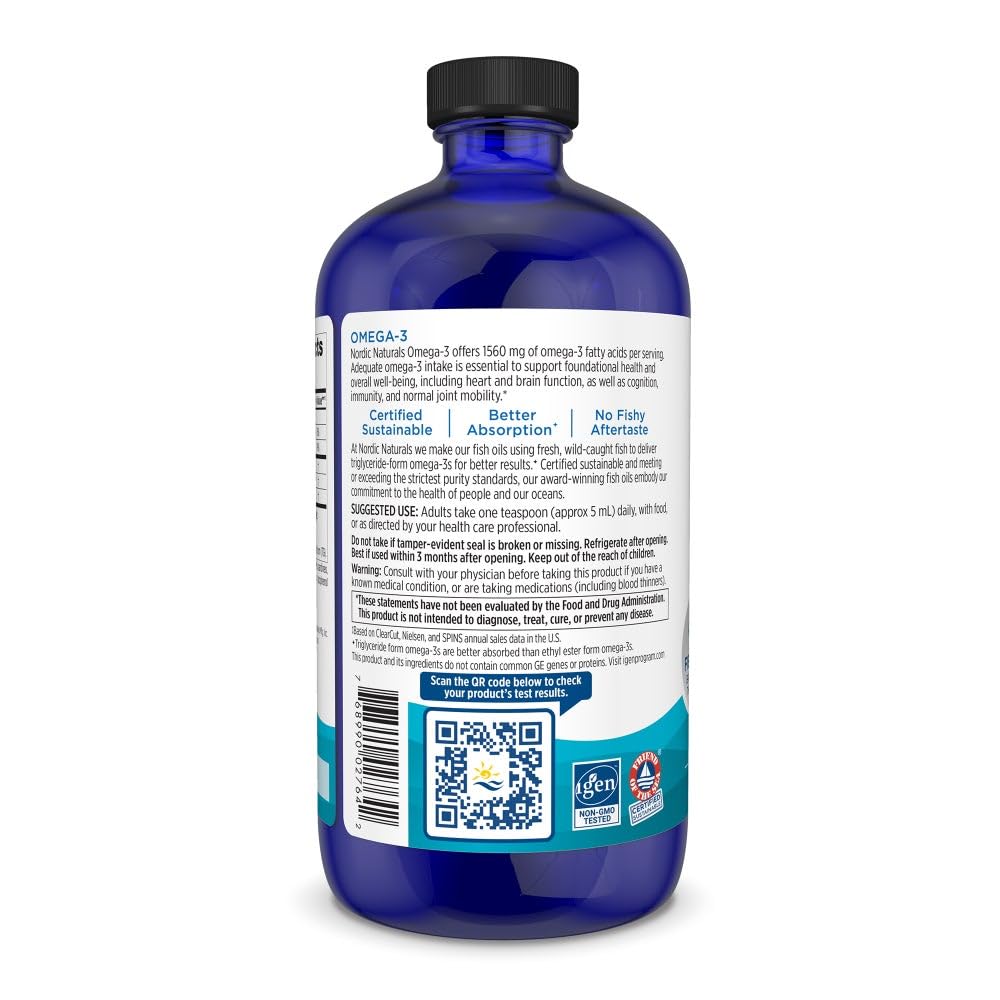 Nordic Naturals pure lemon flavored omega-3 liquid bottle showcasing the third-party purity tested certification stamp