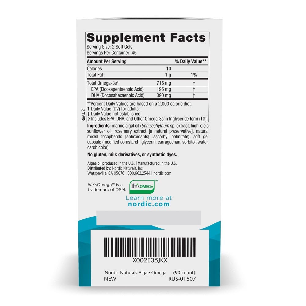 Nordic Naturals plant based EPA and DHA vegetarian omega three supplement ingredient list and nutritional facts panel.
