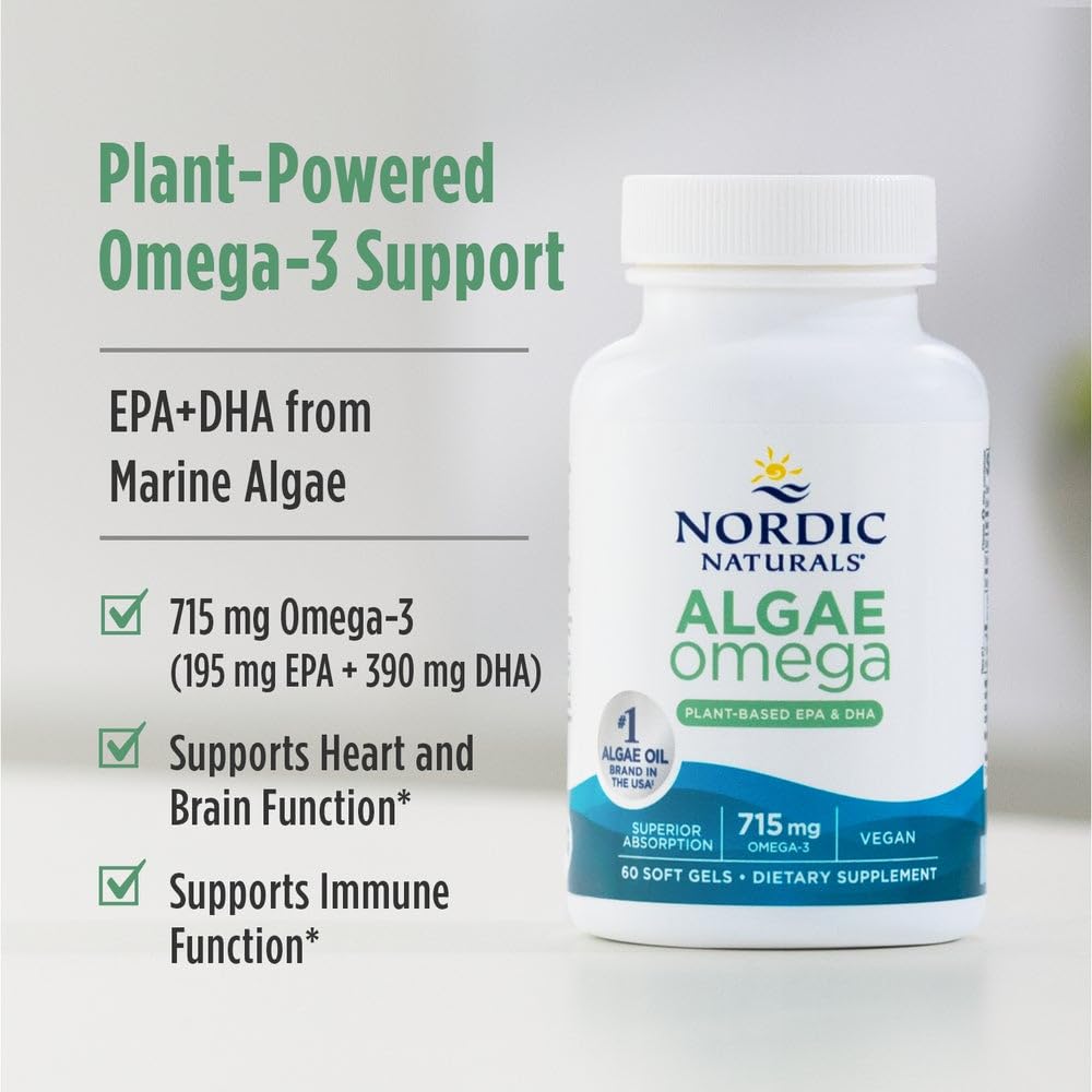 Nordic Naturals Algae Omega 715 mg clean microalgae oil capsules next to original packaging box.