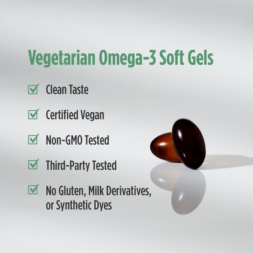 Side view of Nordic Naturals vegetarian omega three 90 softgels showing clear product descriptions and directions.