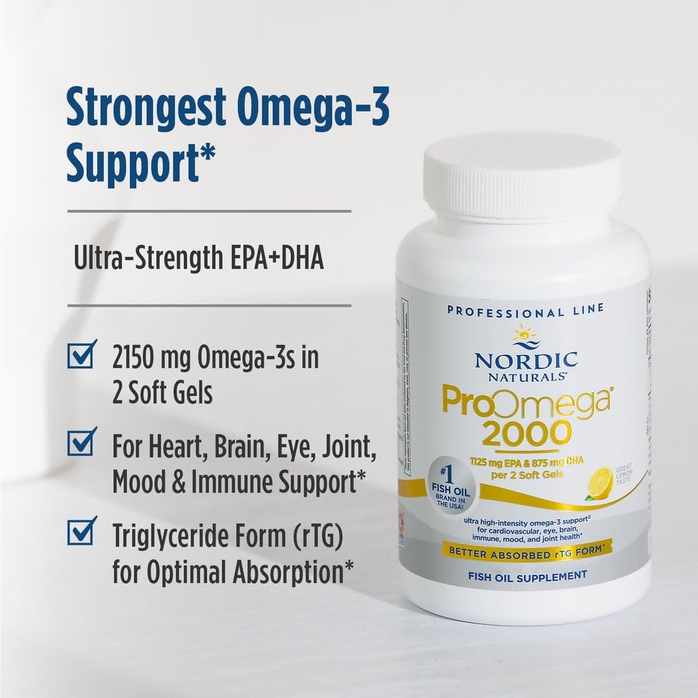 Back label of Nordic Naturals ProOmega 2000 fish oil detailing the EPA and DHA ingredient distribution.