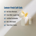 Close-up view of the natural lemon flavor icon and the 120 soft gels count on the imported supplement bottle.