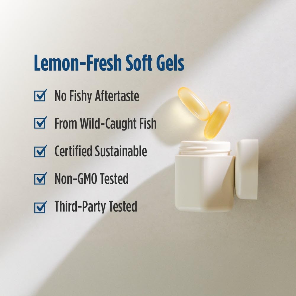 Close-up view of the natural lemon flavor icon and the 120 soft gels count on the imported supplement bottle.