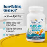 Nordic Naturals Ultimate Omega Junior strawberry mini softgels next to the authentic imported bottle packaging