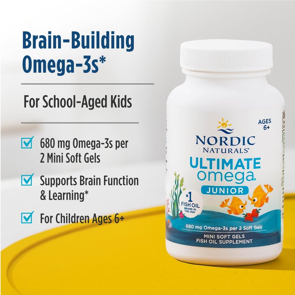 Nordic Naturals Ultimate Omega Junior strawberry mini softgels next to the authentic imported bottle packaging
