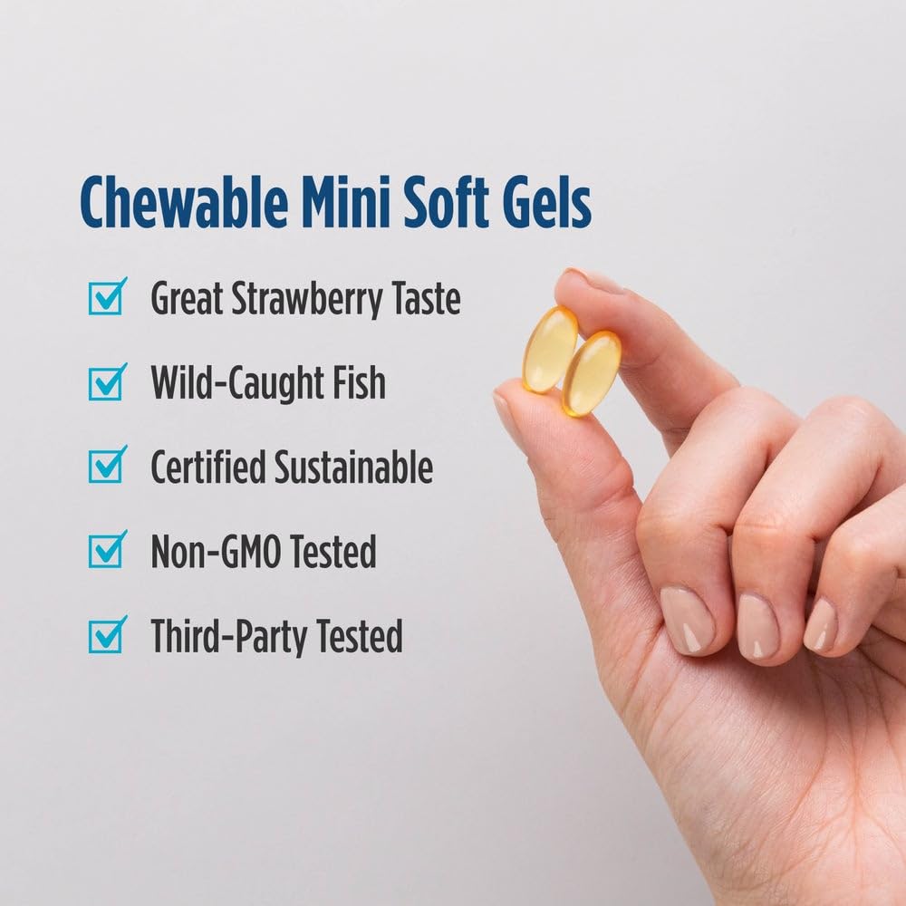 Nordic Naturals Ultimate Omega Junior kids brain health supplement showing easy to chew softgel size details
