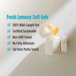 Nordic Naturals Ultimate Omega lemon flavor softgels spilling out of the original packaging