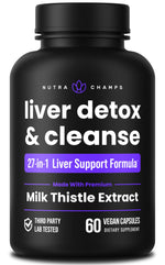 Side view of NutraChamps vegan detox pills displaying dosage directions and safety seals