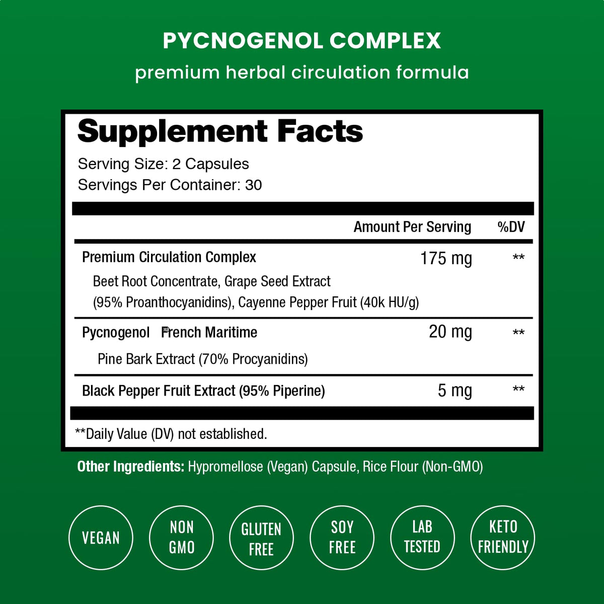 NutraChamps Pycnogenol supplement capsules showing circulation complex facts label