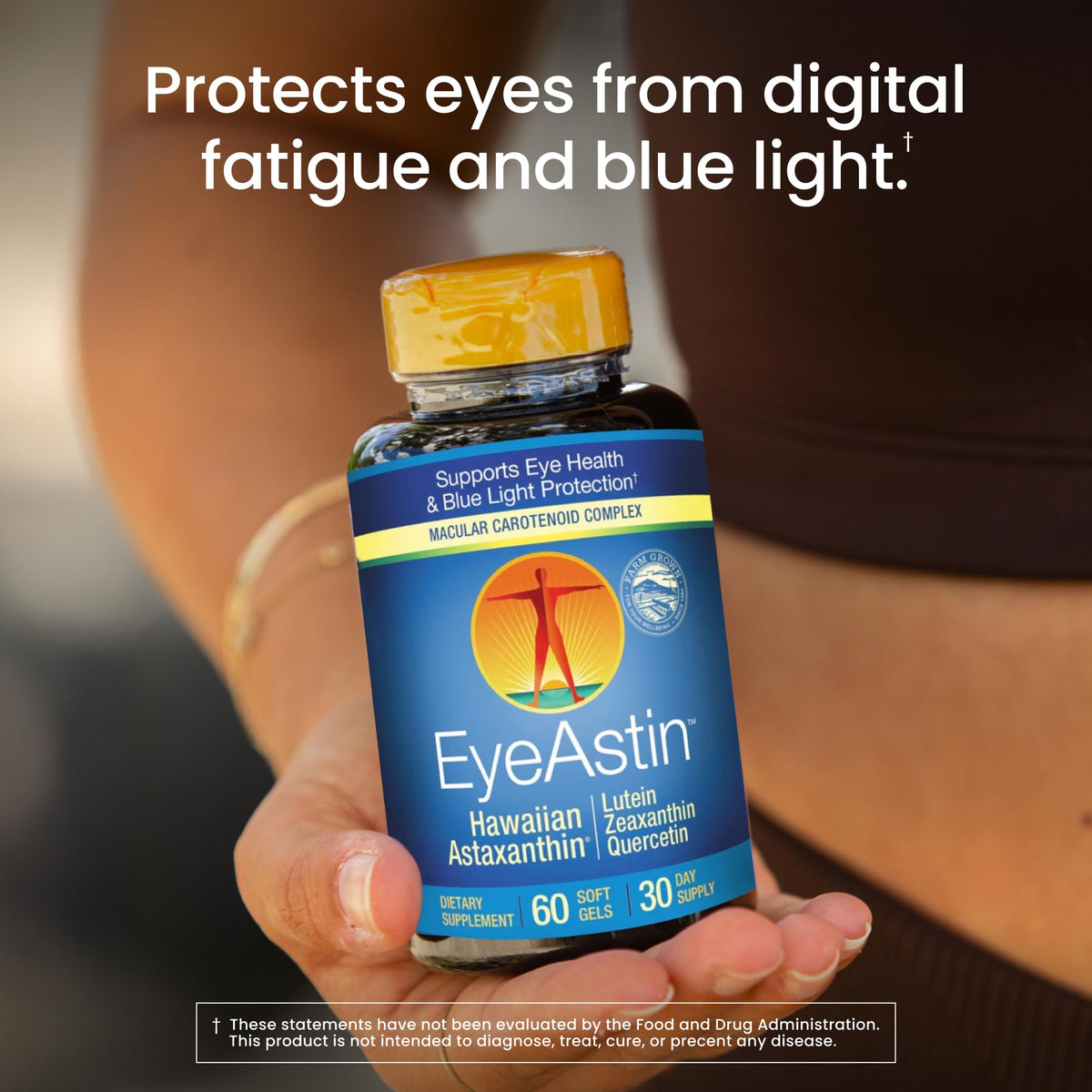 Nutrex Hawaii EyeAstin authentic USA imported blue light protection softgels packaging side view.