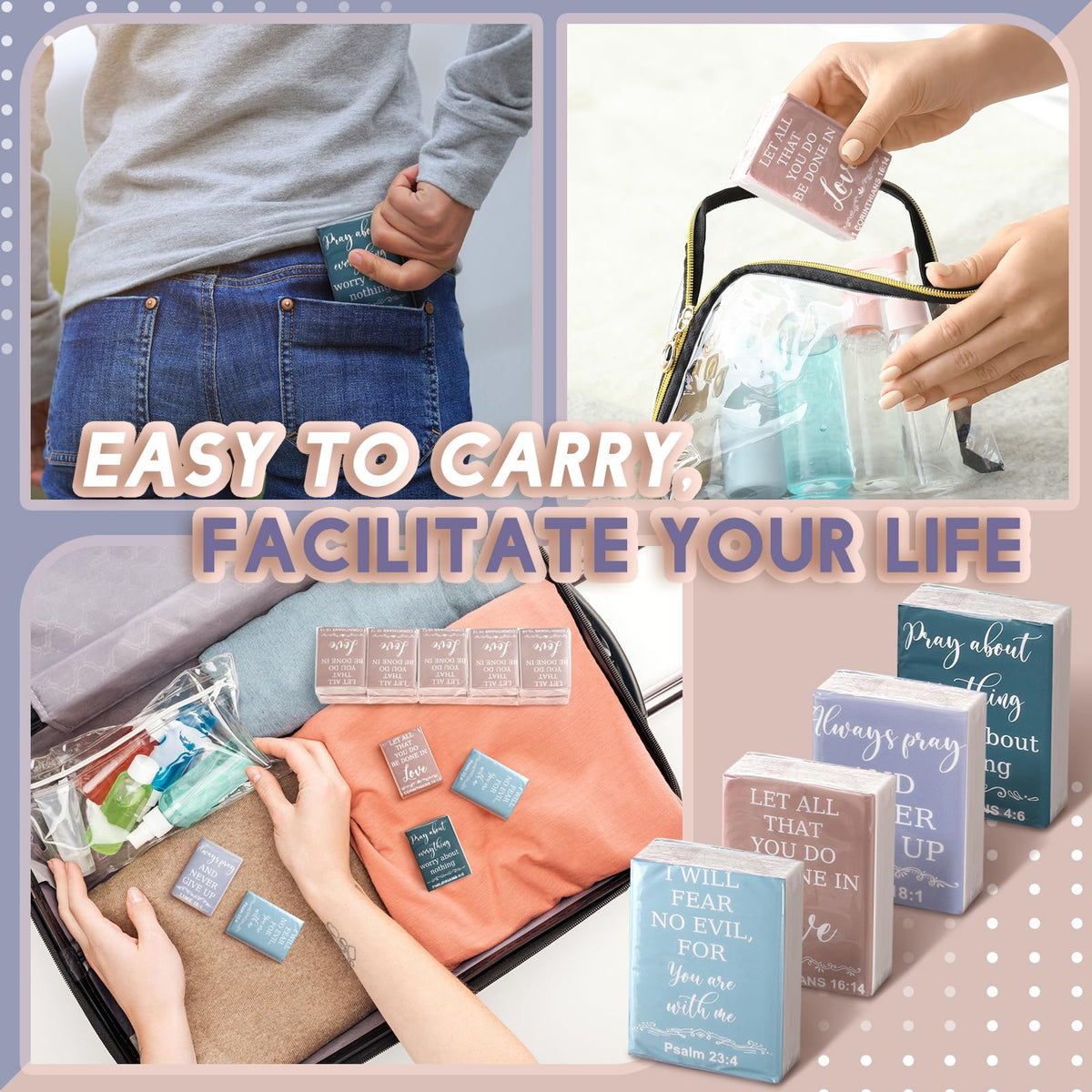 Back view of the resealable adhesive closure on the Seajan travel size inspirational tissue pack