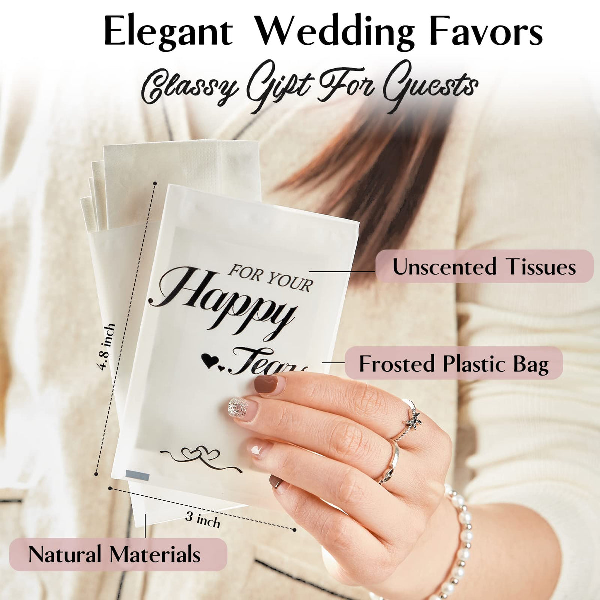 Bulk collection of fifty individual pocket tissue packs for wedding guests hospitality.