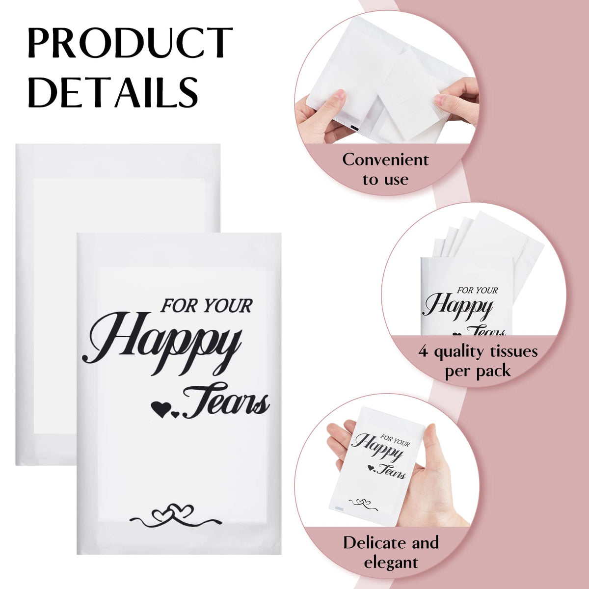 Resealable frosted tissue pouch close up revealing the elegant wedding theme print details.