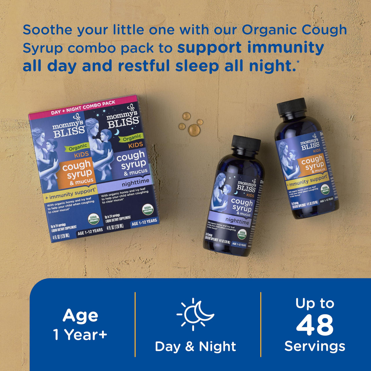 Mommy's Bliss certified USDA organic children cough syrup bottles showing daytime and nighttime formulas.