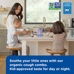 Side view of Mommy's Bliss organic cough and mucus pack detailing dosage instructions for ages one to twelve.