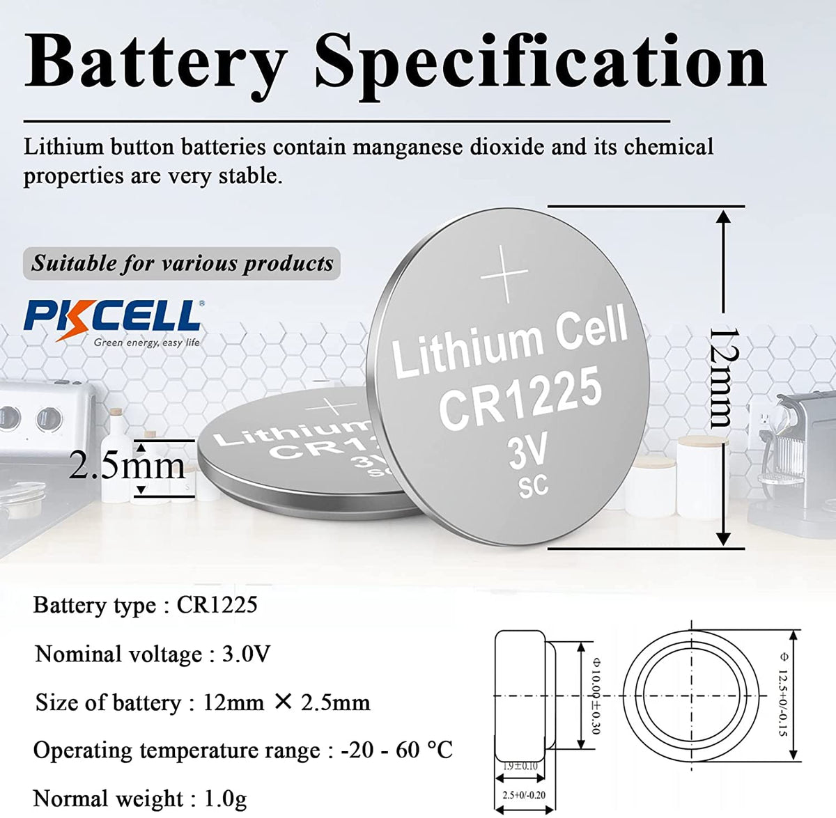 Pkcell CR1225 battery labels and technical specifications