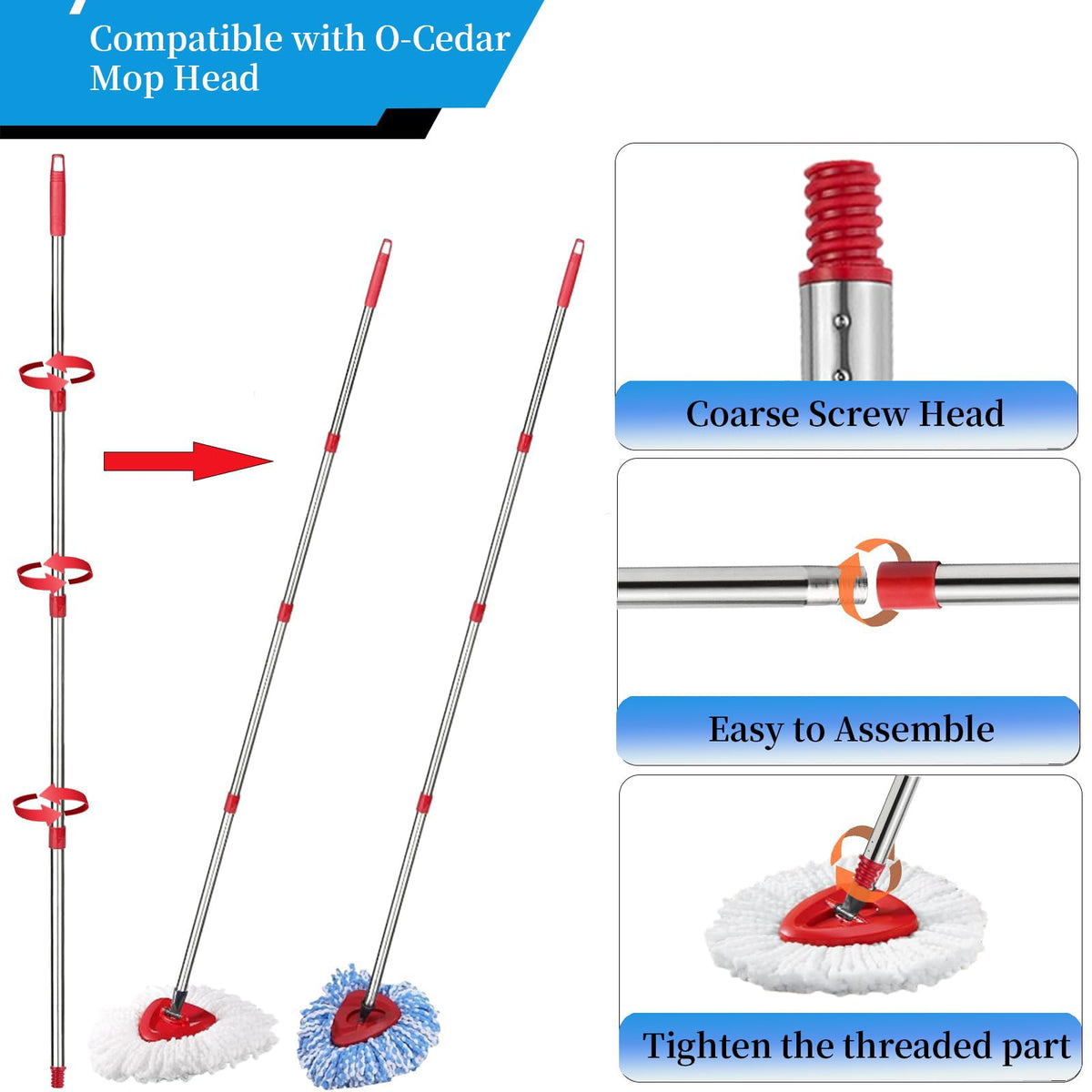 Ergonomic replacement mop stick extended to fifty eight inches for high ceiling reach.